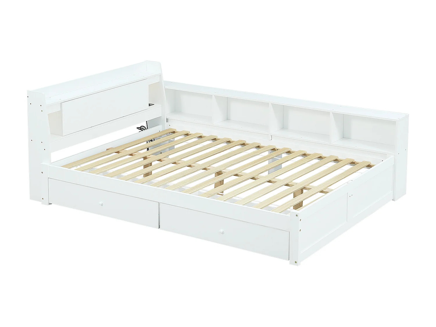 Tweepersoonsbed, paneel, hoofdeinde (opbergruimte + 2 lampen), oplaadpunt, kledingkasten, lades, grenen + spaanplaat + MDF, wit, 140x200cm