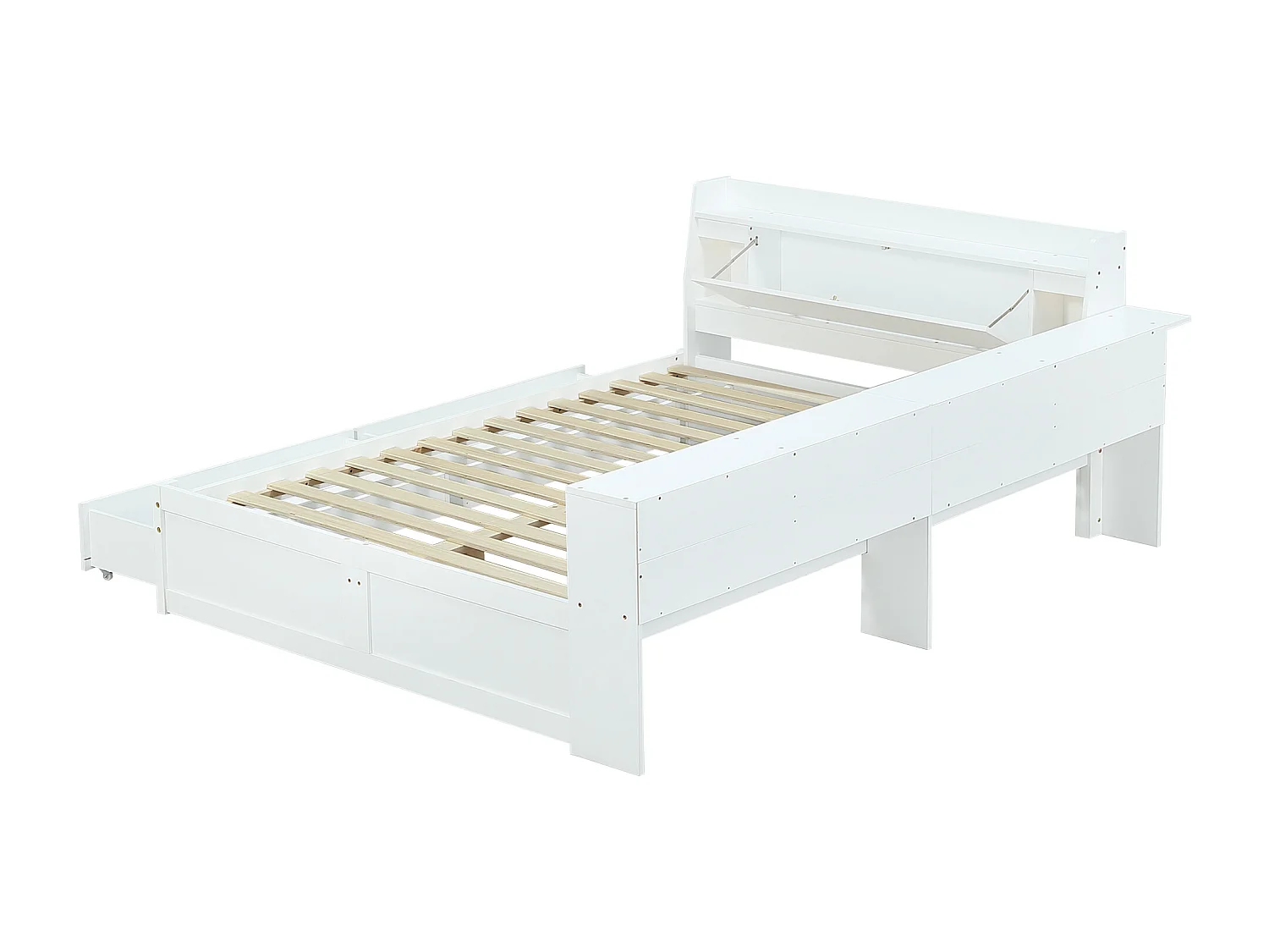 Tweepersoonsbed, paneel, hoofdeinde (opbergruimte + 2 lampen), oplaadpunt, kledingkasten, lades, grenen + spaanplaat + MDF, wit, 140x200cm