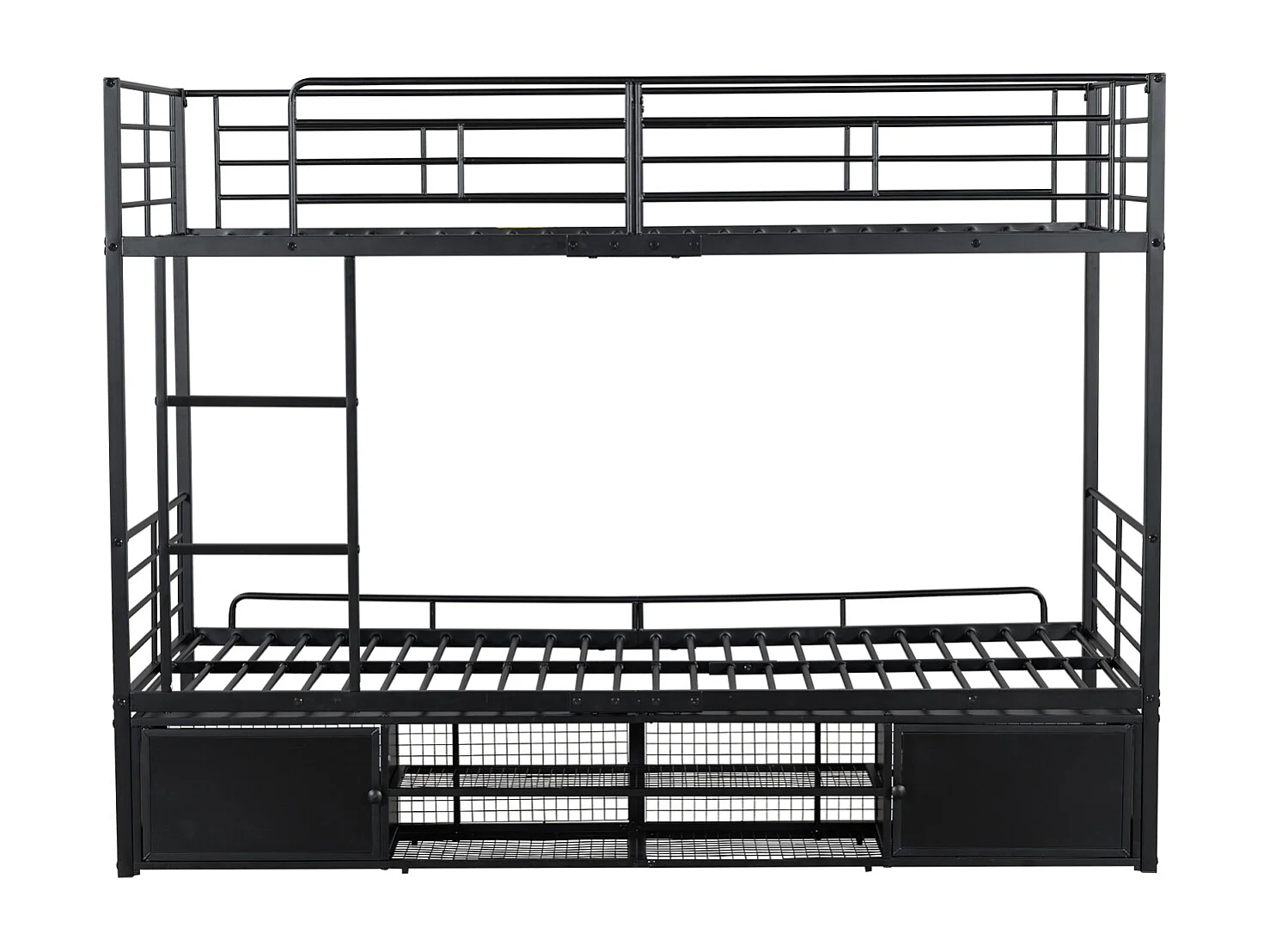Lit superposé en fer, étagère à chaussures, armoire 2 portes, enfants/adolescents, échelle latérale, barrière de sécurité, fer, noir, 90x200cm