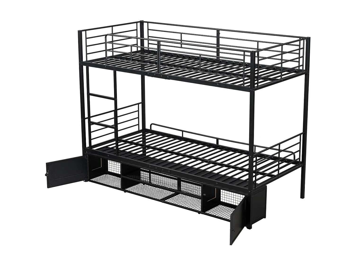 Lit superposé en fer, étagère à chaussures, armoire 2 portes, enfants/adolescents, échelle latérale, barrière de sécurité, fer, noir, 90x200cm