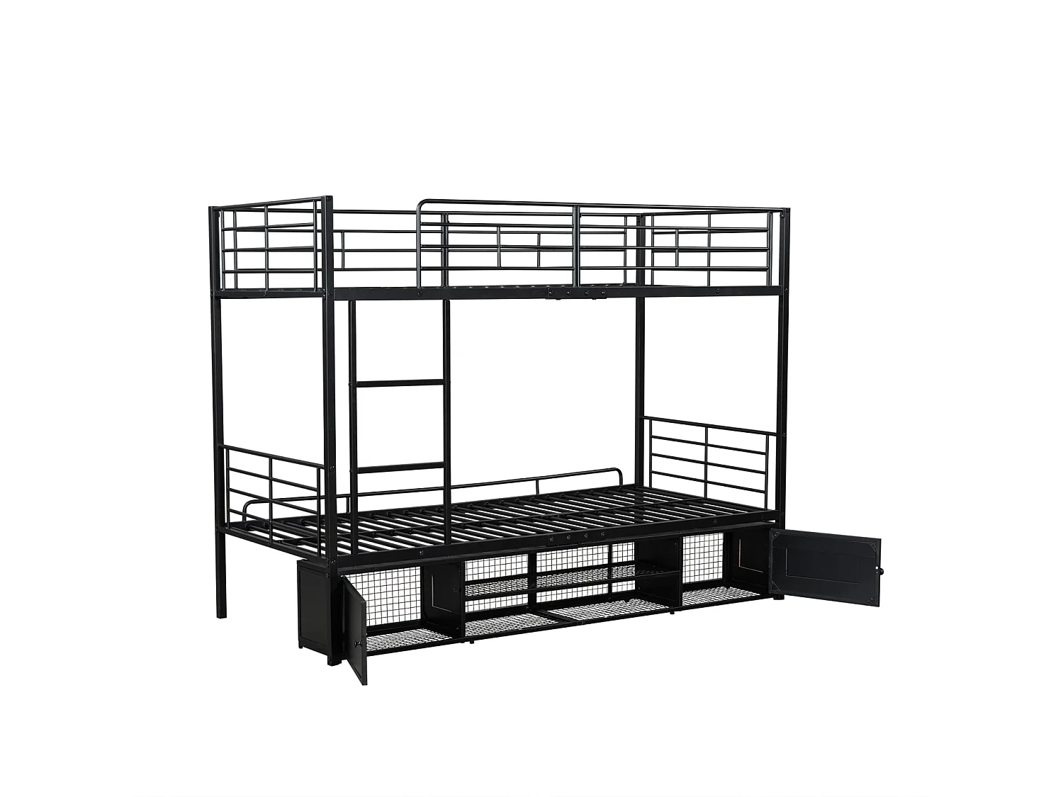 Lit superposé en fer, étagère à chaussures, armoire 2 portes, enfants/adolescents, échelle latérale, barrière de sécurité, fer, noir, 90x200cm