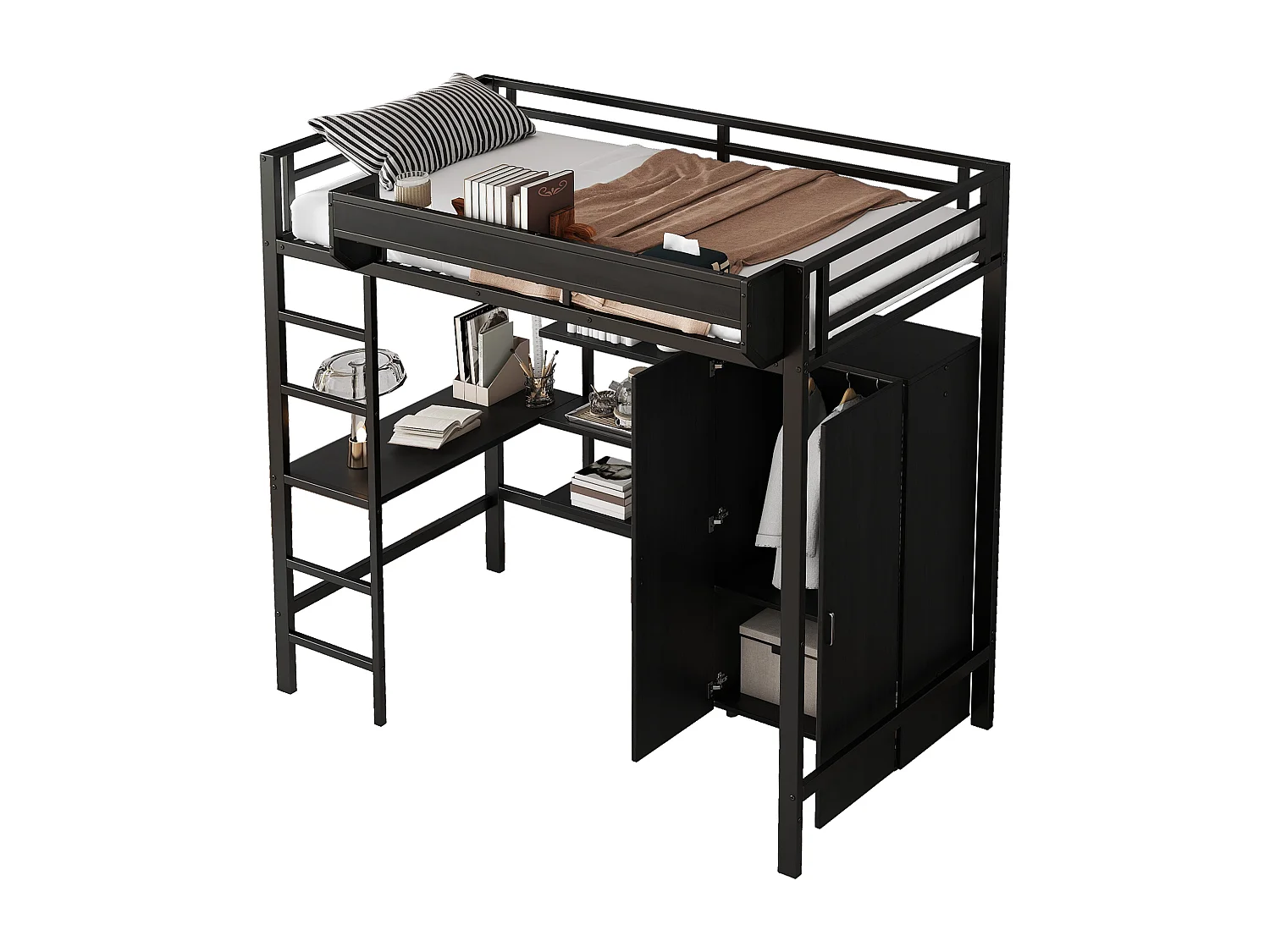 Cama ferro beliche, mesa+guarda-roupa, armazenamento, escada 5 degraus, preto, 90x200cm