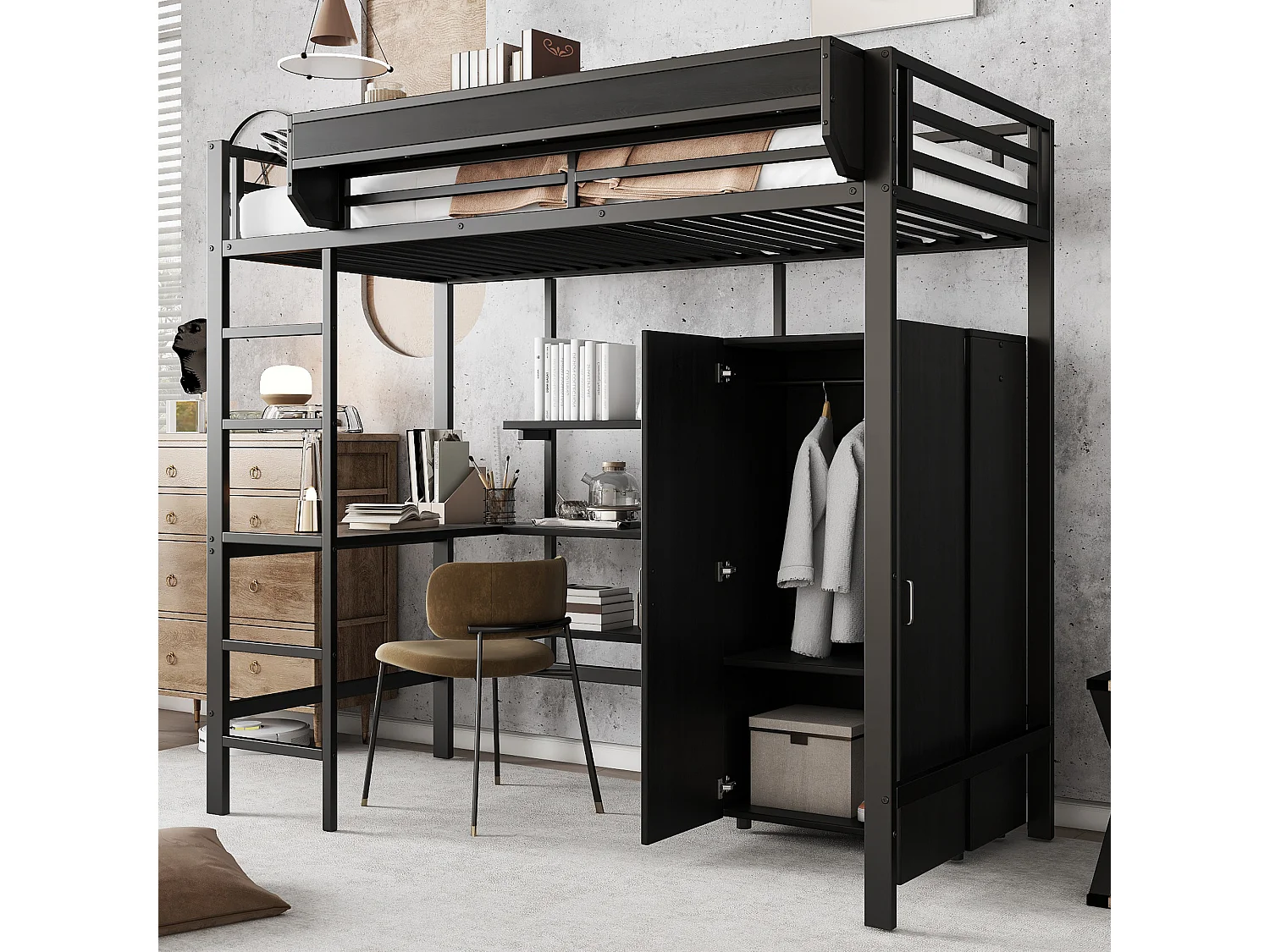 Cama ferro beliche, mesa+guarda-roupa, armazenamento, escada 5 degraus, preto, 90x200cm