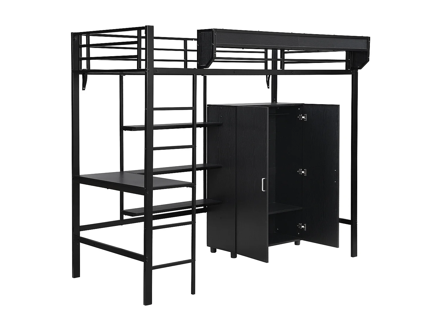 Cama ferro beliche, mesa+guarda-roupa, armazenamento, escada 5 degraus, preto, 90x200cm