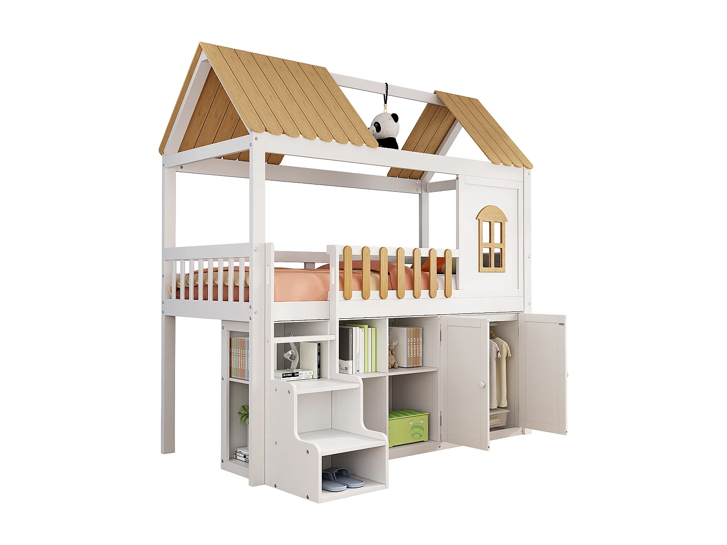 Letto a castello in legno, contenitore, armadio, finestra, pino, scarpiera, gradini di sicurezza, minimalista, ringhiera, bianco + naturale, 90x200cm