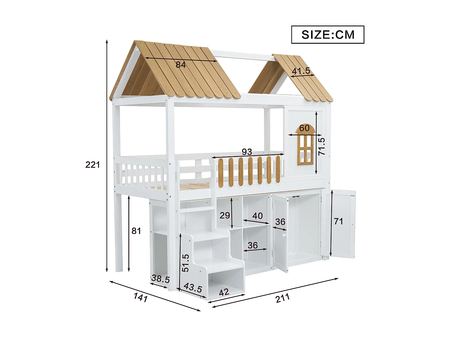 Letto a castello in legno, contenitore, armadio, finestra, pino, scarpiera, gradini di sicurezza, minimalista, ringhiera, bianco + naturale, 90x200cm