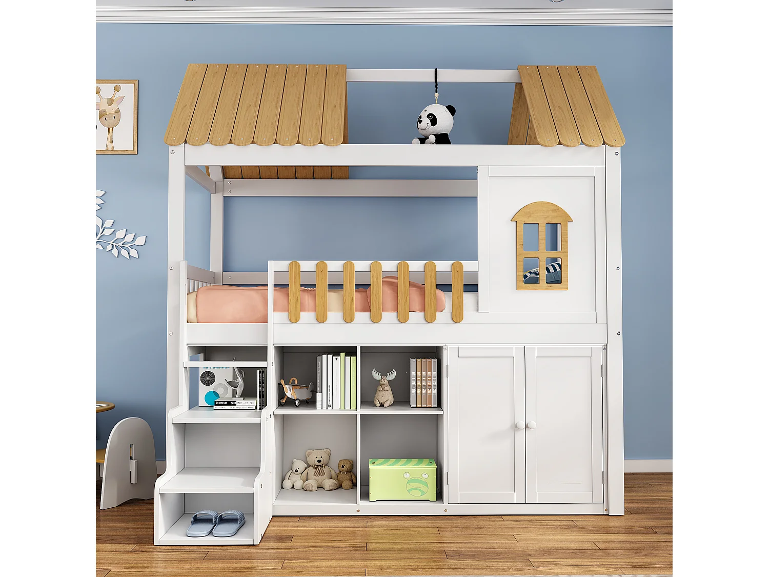 Letto a castello in legno, contenitore, armadio, finestra, pino, scarpiera, gradini di sicurezza, minimalista, ringhiera, bianco + naturale, 90x200cm