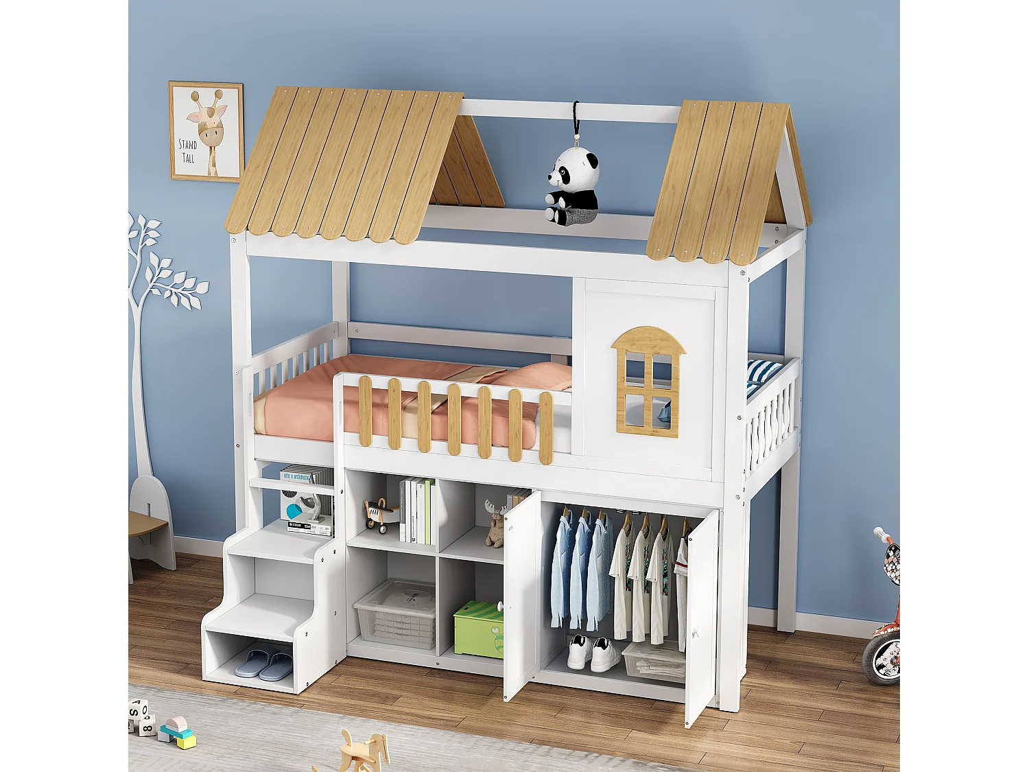 Letto a castello in legno, contenitore, armadio, finestra, pino, scarpiera, gradini di sicurezza, minimalista, ringhiera, bianco + naturale, 90x200cm