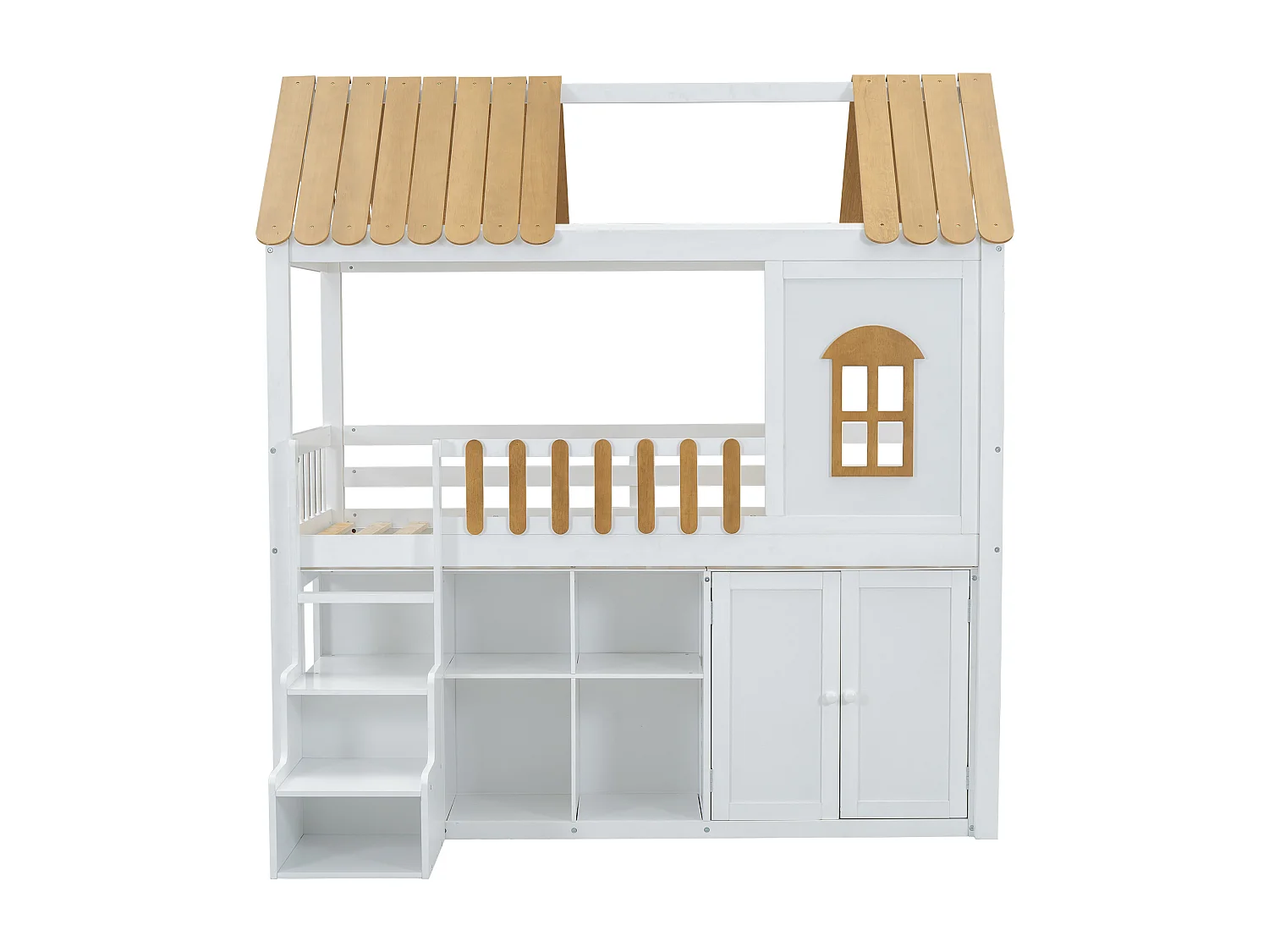 Letto a castello in legno, contenitore, armadio, finestra, pino, scarpiera, gradini di sicurezza, minimalista, ringhiera, bianco + naturale, 90x200cm