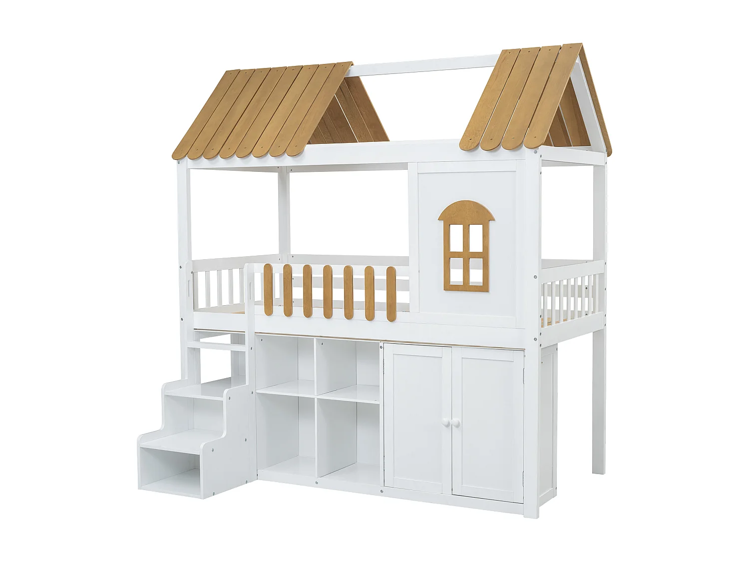 Letto a castello in legno, contenitore, armadio, finestra, pino, scarpiera, gradini di sicurezza, minimalista, ringhiera, bianco + naturale, 90x200cm