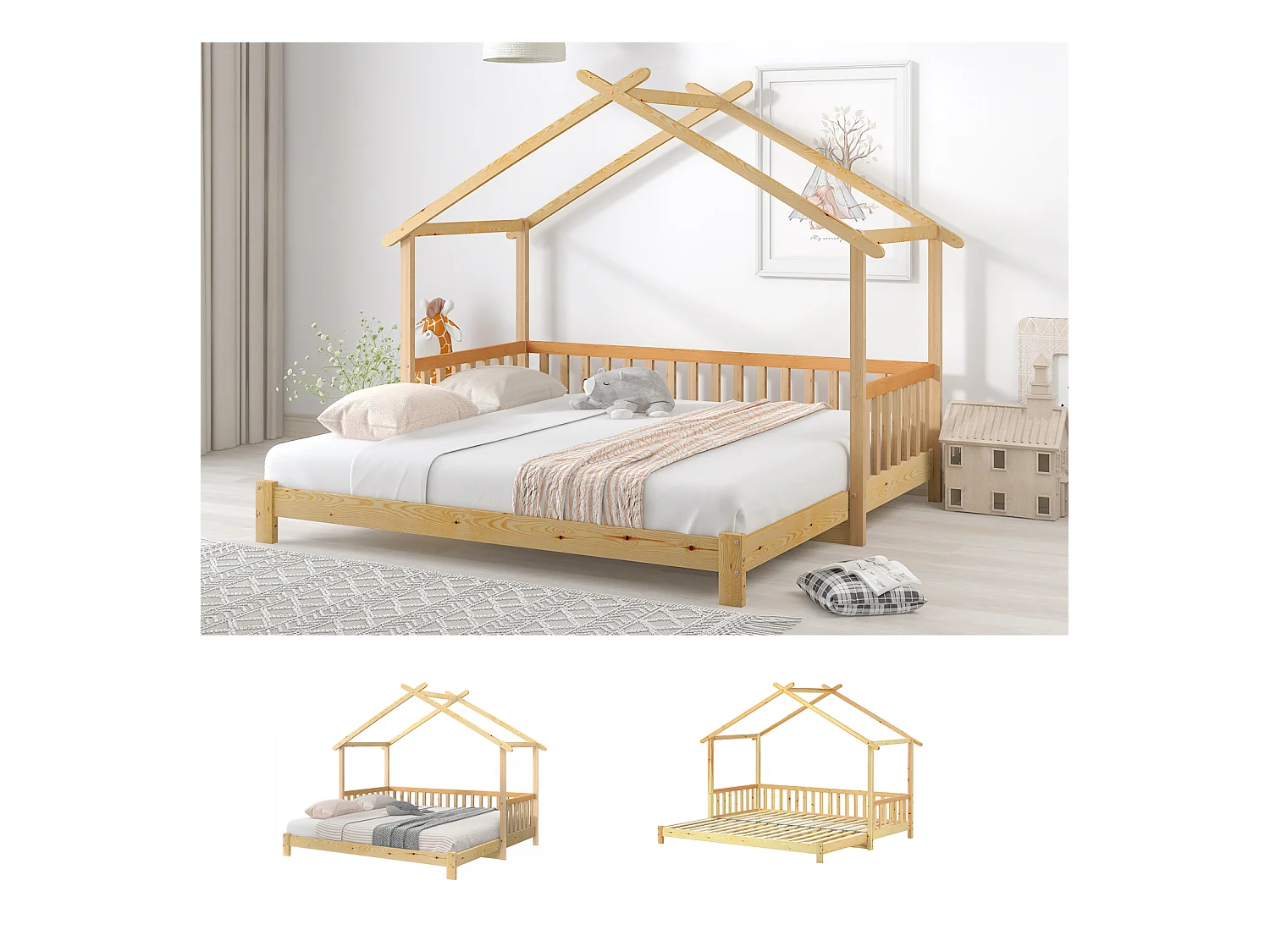 Ausziehbares Baumhausbett, Baumhausbett, Kinderbett, Schlafsofa, Einzel- und Doppelbett, reines Massivholz, Natur (200 x 90 cm)