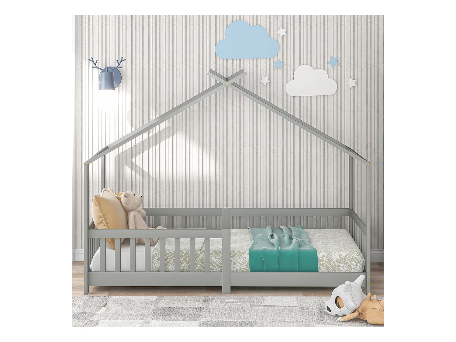 Magnifique lit en bois massif avec garde-corps et sommier à lattes, avec protection anti-chute pour chambre d'enfants et d'adolescents, gris (200 x 90 cm).