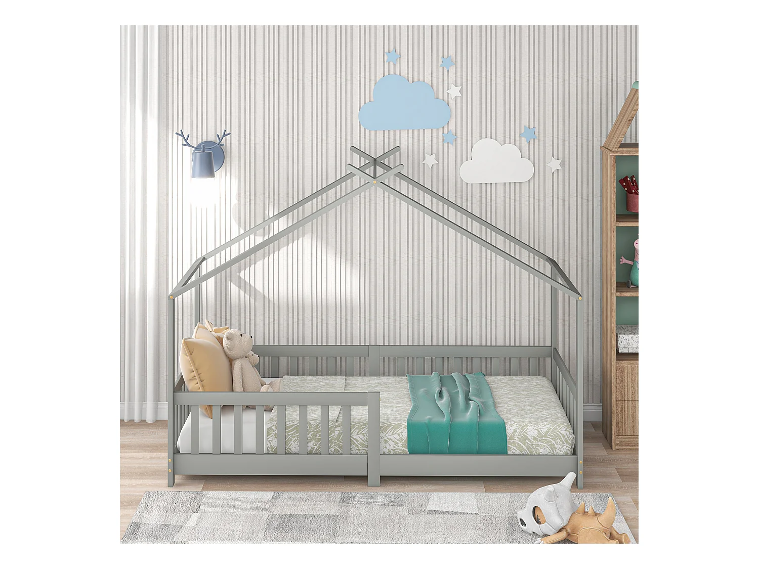 Prachtig massief houten bed met leuning en lattenbodem, met antivalbeveiliging voor kinder- en tienerkamers, grijs (200 x 90 cm).