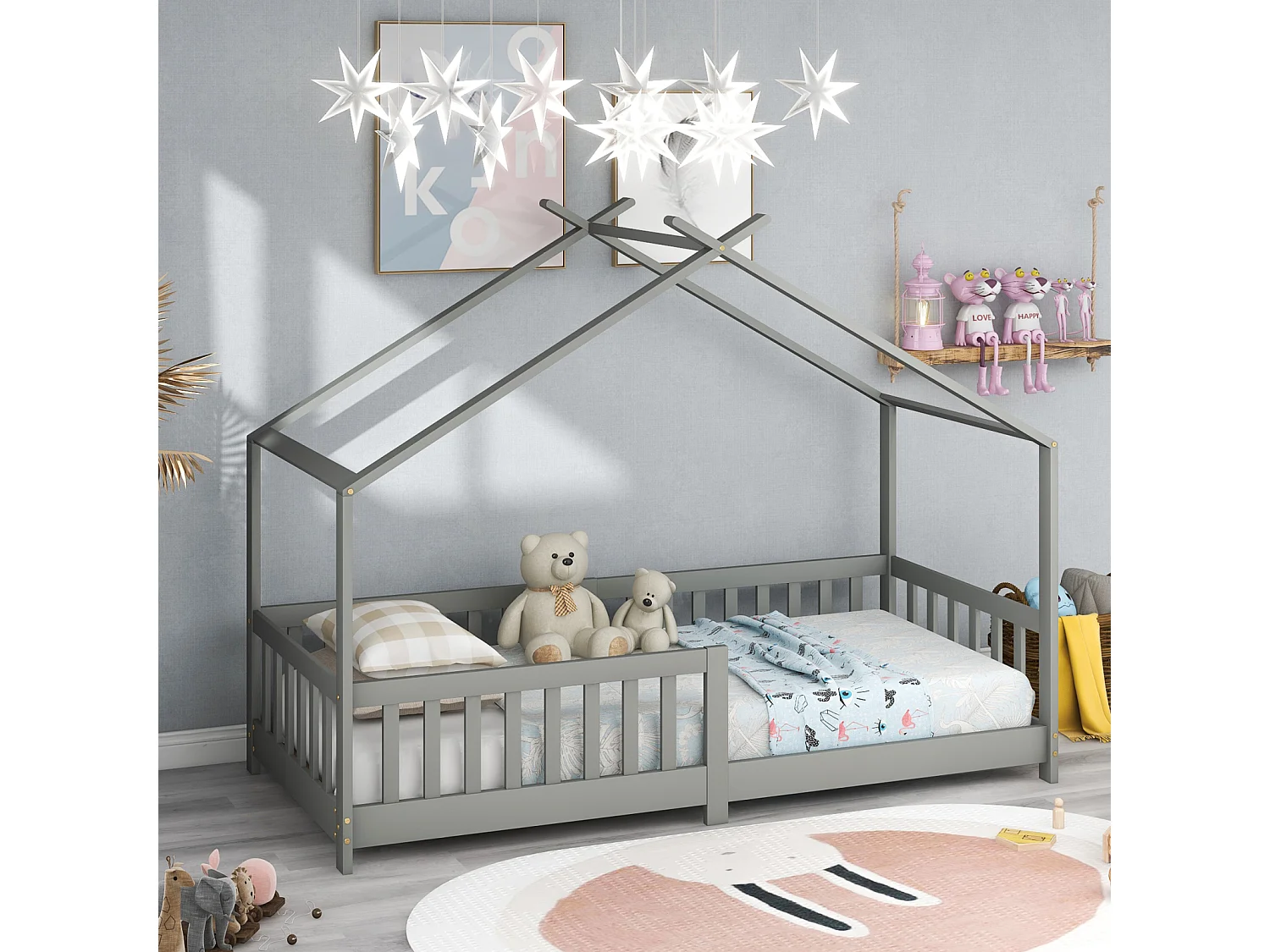 Wunderschönes Massivholzbett mit Reling und Lattenrost, mit Rausfallschutz für Kinder- und Jugendzimmer, grau (200 x 90 cm).