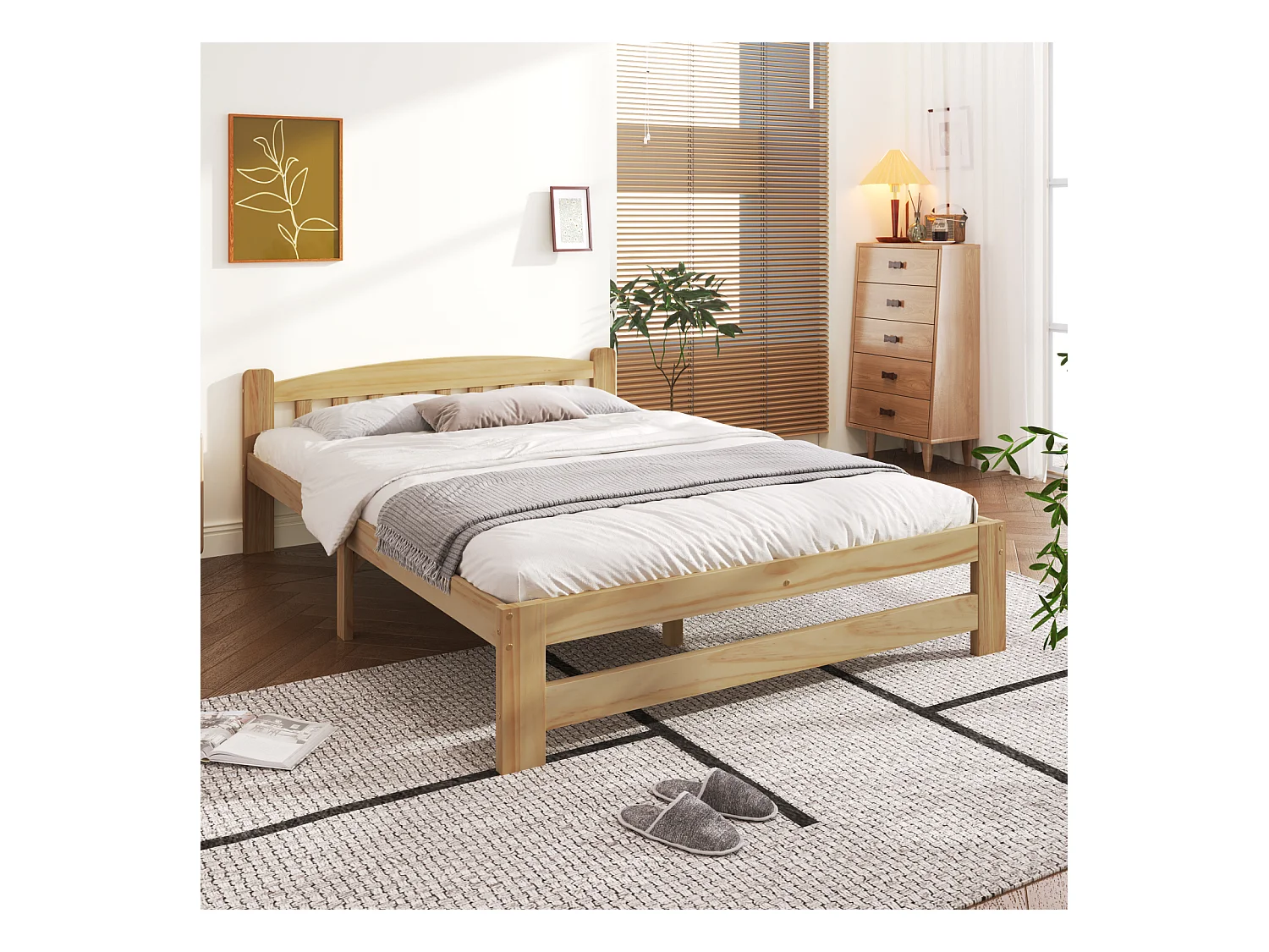 Lit en bois massif, lit futon, lit double, lit en bois massif naturel avec tête de lit et sommier à lattes, lit jeune, lit adulte, naturel, 140x200 cm