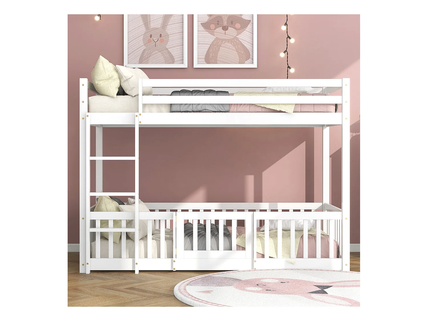 Lit superposé avec échelle à angle droit, lit avec barrières et portails, lit enfant avec protection antichute et barreaux, bois massif, blanc (200x90cm)