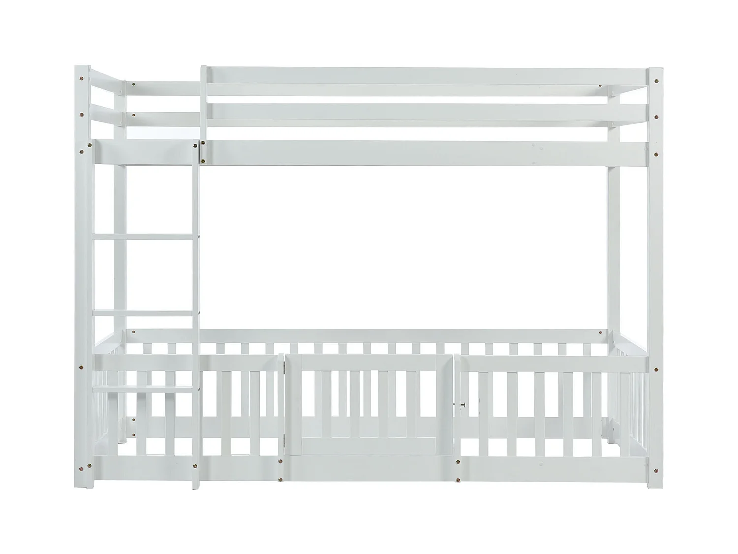 Lit superposé avec échelle à angle droit, lit avec barrières et portails, lit enfant avec protection antichute et barreaux, bois massif, blanc (200x90cm)