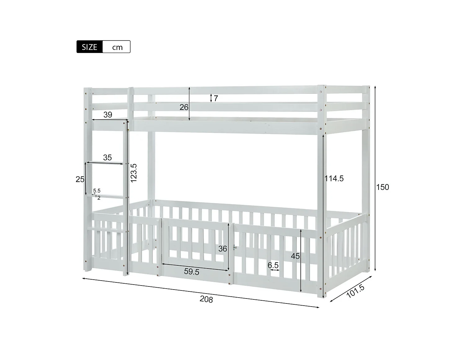 Lit superposé avec échelle à angle droit, lit avec barrières et portails, lit enfant avec protection antichute et barreaux, bois massif, blanc (200x90cm)