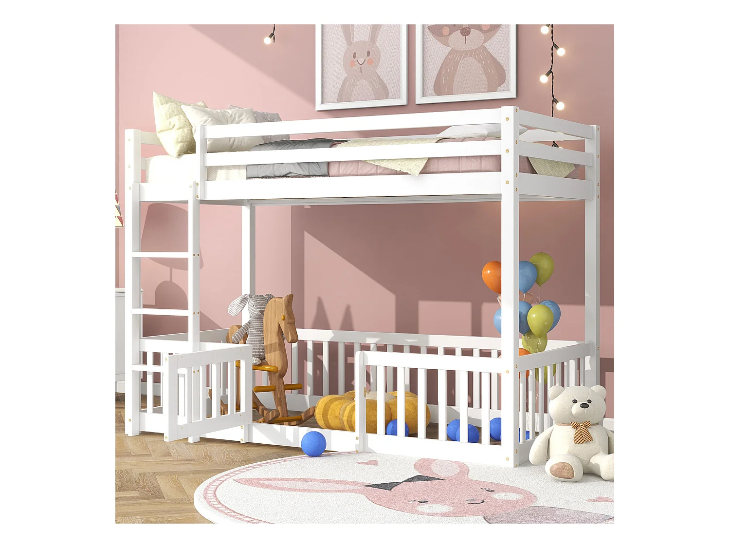 Lit superposé avec échelle à angle droit, lit avec barrières et portails, lit enfant avec protection antichute et barreaux, bois massif, blanc (200x90cm)