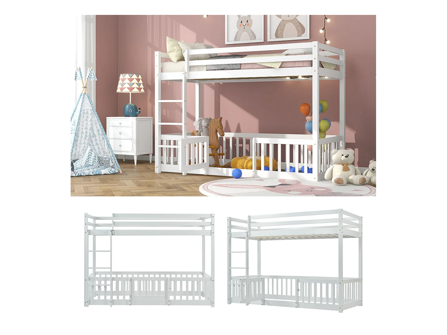 Lit superposé avec échelle à angle droit, lit avec barrières et portails, lit enfant avec protection antichute et barreaux, bois massif, blanc (200x90cm)