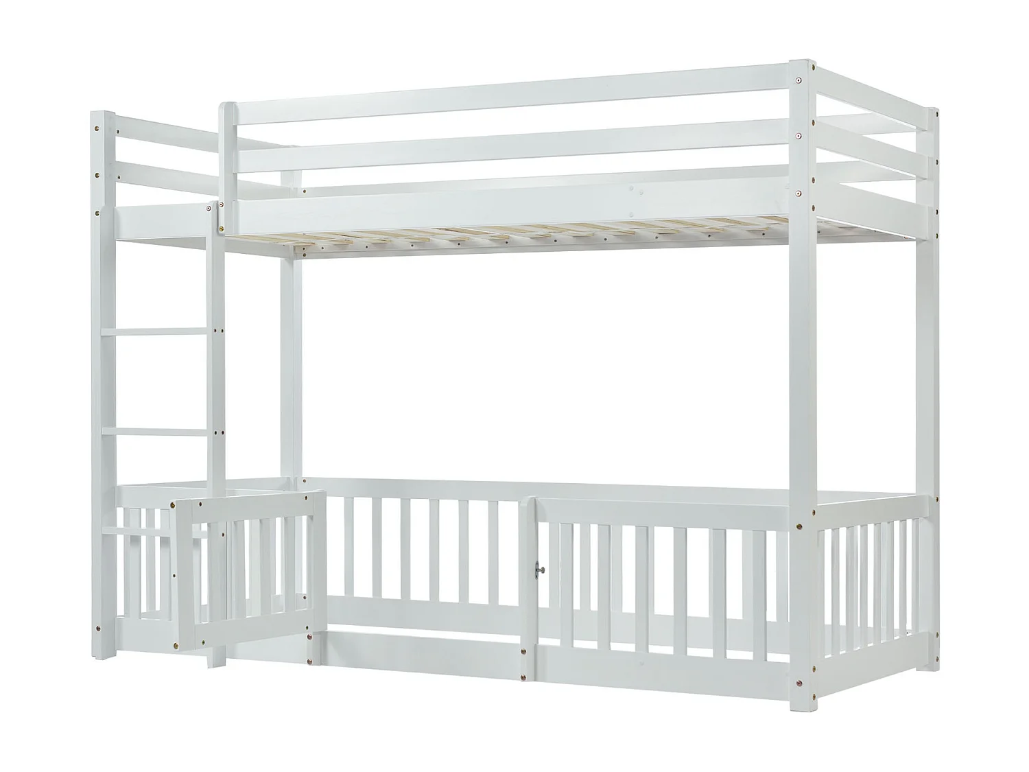 Lit superposé avec échelle à angle droit, lit avec barrières et portails, lit enfant avec protection antichute et barreaux, bois massif, blanc (200x90cm)