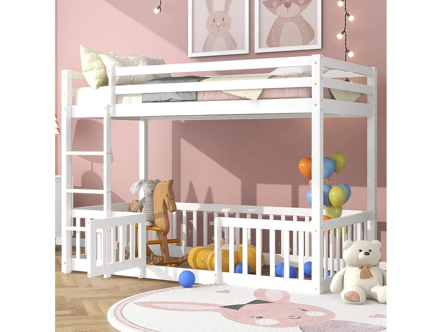 Lit superposé avec échelle à angle droit, lit avec barrières et portails, lit enfant avec protection antichute et barreaux, bois massif, blanc (200x90cm)