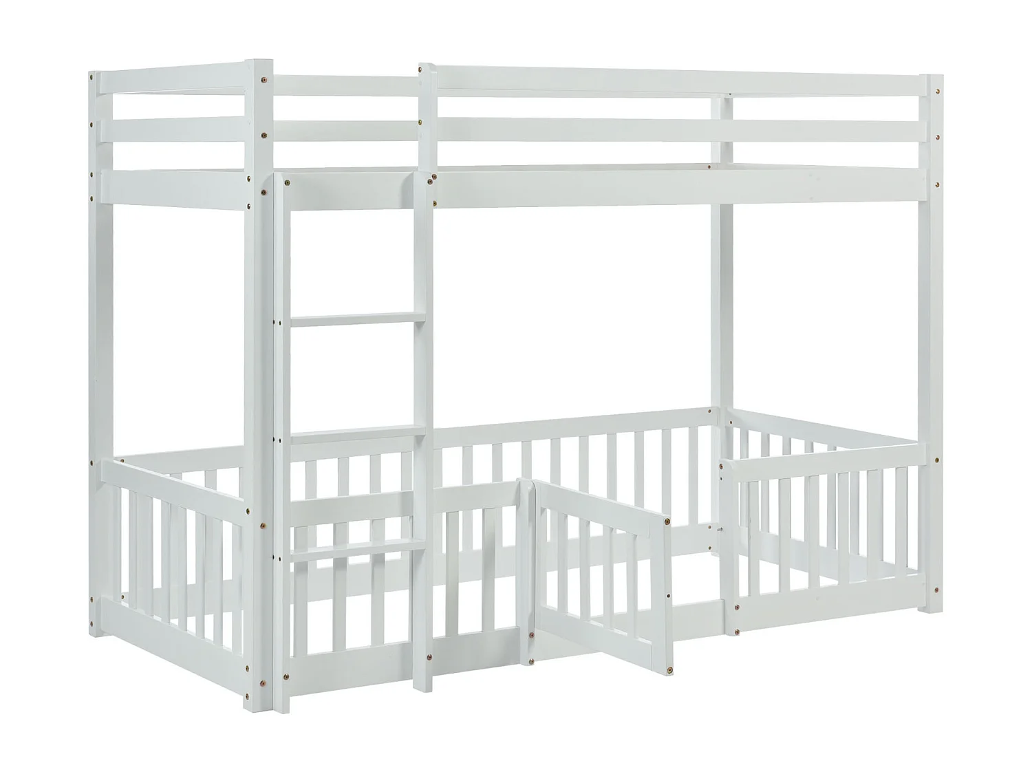 Lit superposé avec échelle à angle droit, lit avec barrières et portails, lit enfant avec protection antichute et barreaux, bois massif, blanc (200x90cm)