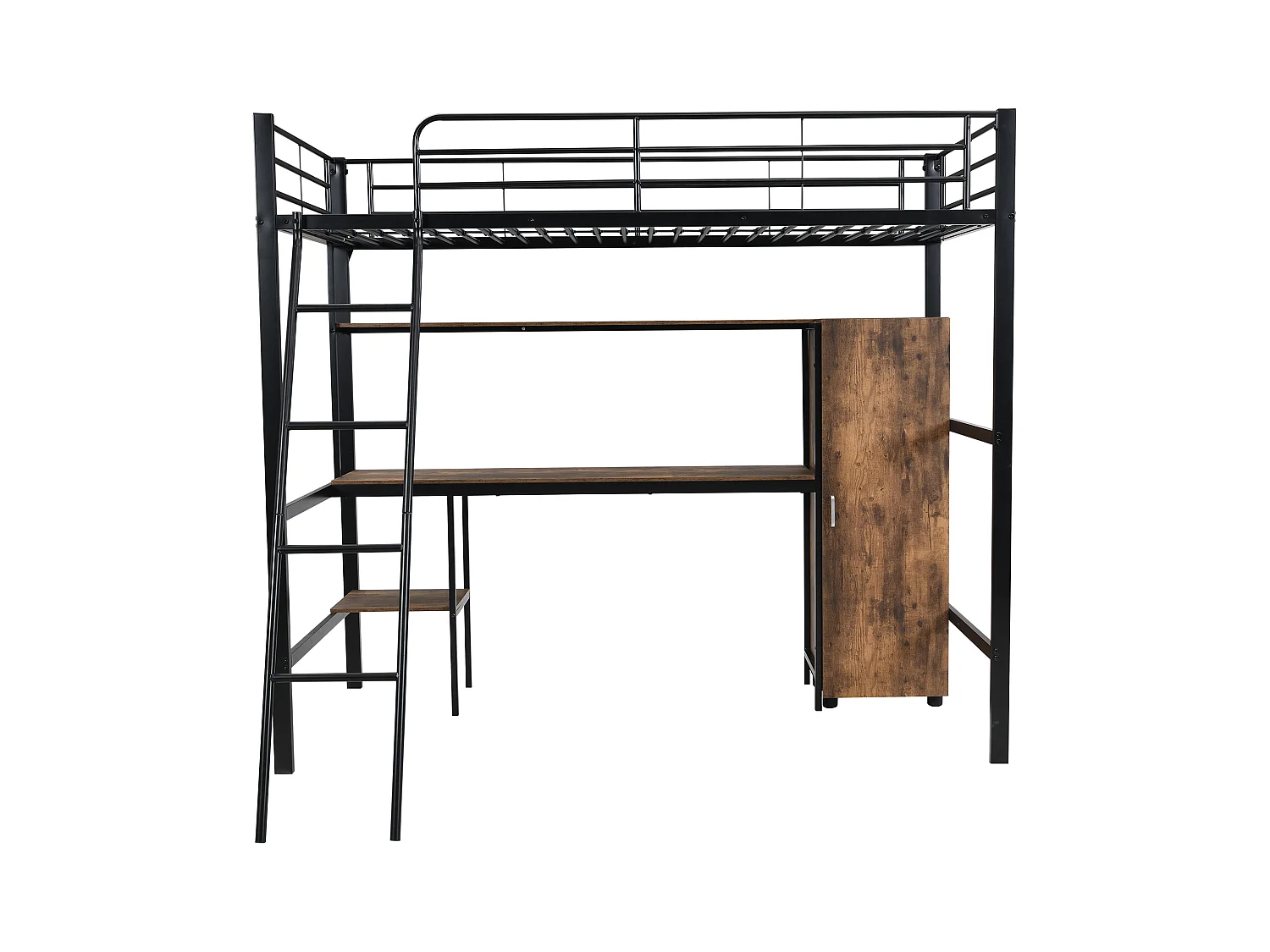 Lit superposé en fer, enfant/ado, table, armoire, rangement, échelle 4 marches, fer+aggloméré, noir, 90x200cm