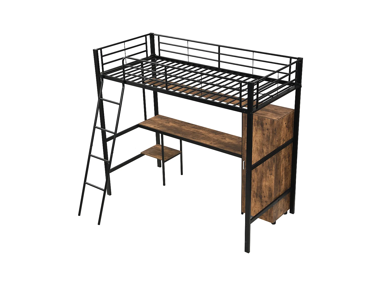 Lit superposé en fer, enfant/ado, table, armoire, rangement, échelle 4 marches, fer+aggloméré, noir, 90x200cm