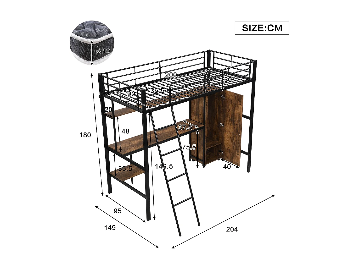 IJzeren stapelbed, kinderen/tieners, tafel, kledingkast, opbergruimte, ladder met 4 treden, ijzer + spaanplaat, zwart, 90x200cm