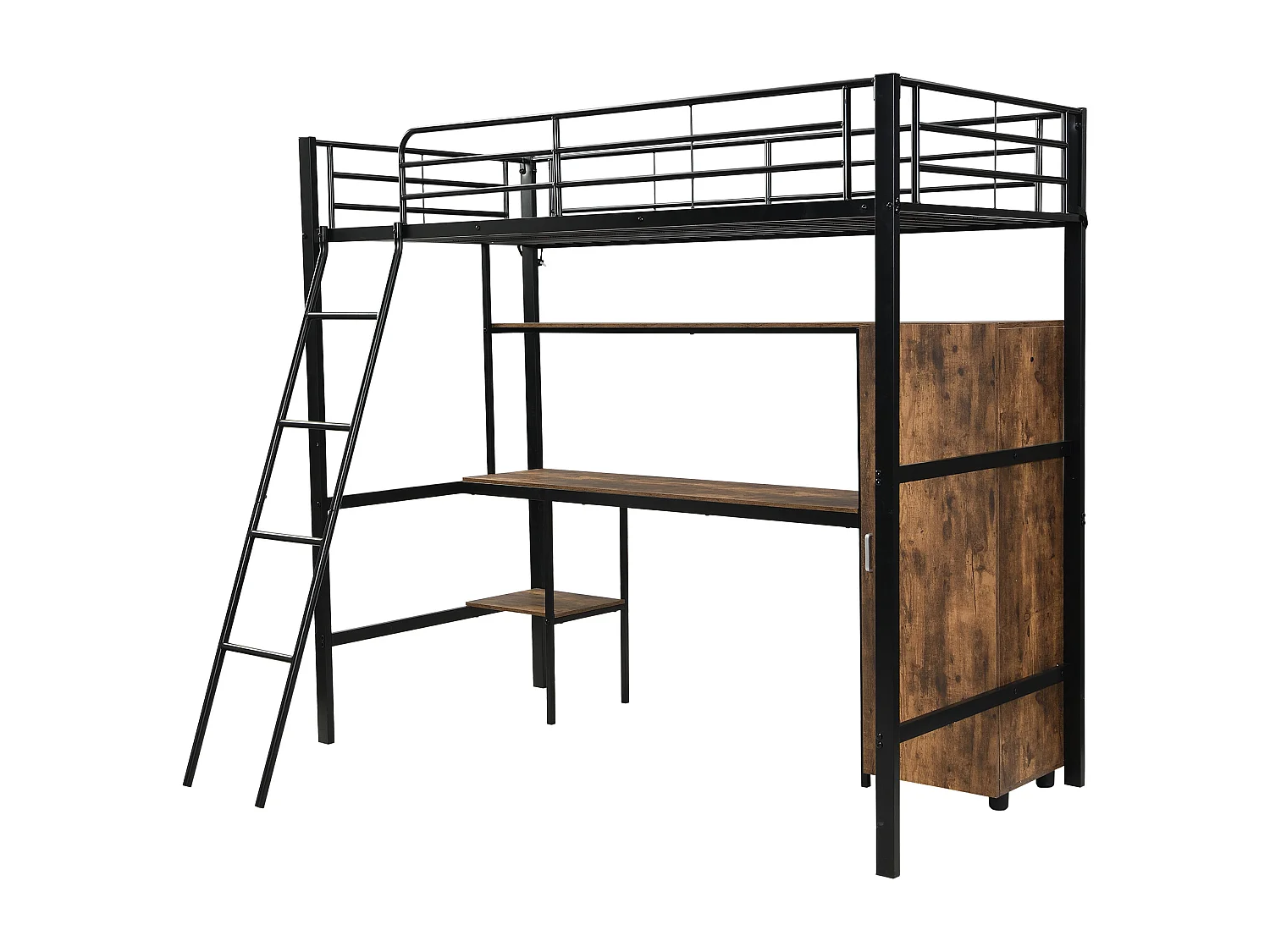 IJzeren stapelbed, kinderen/tieners, tafel, kledingkast, opbergruimte, ladder met 4 treden, ijzer + spaanplaat, zwart, 90x200cm