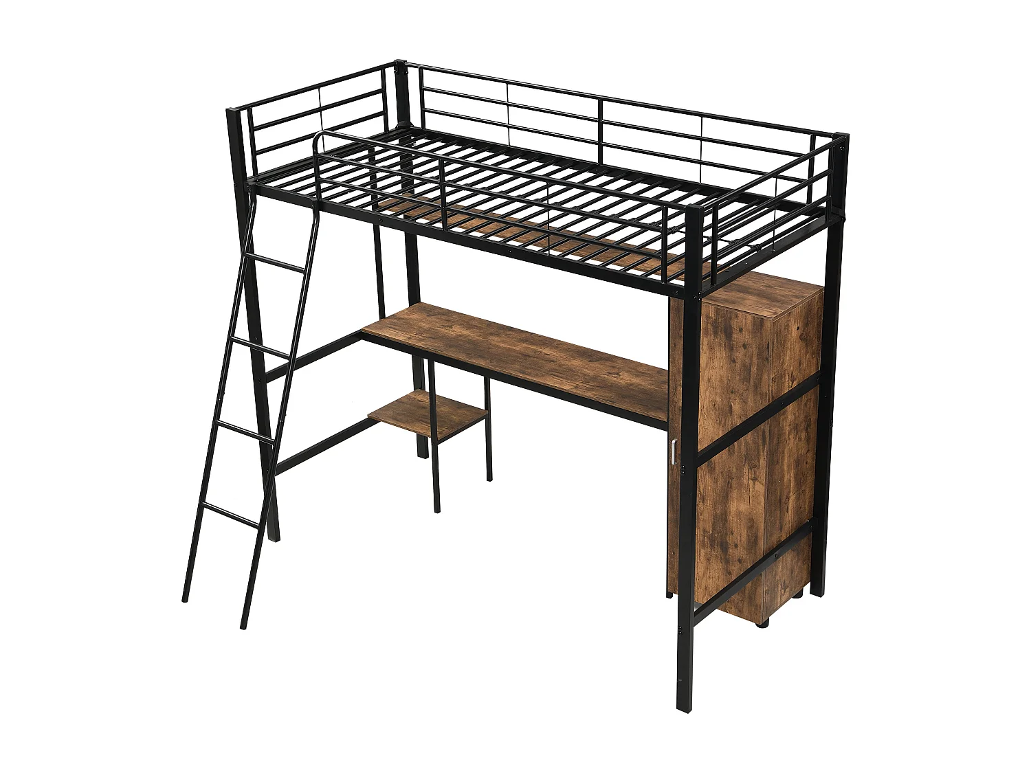 IJzeren stapelbed, kinderen/tieners, tafel, kledingkast, opbergruimte, ladder met 4 treden, ijzer + spaanplaat, zwart, 90x200cm