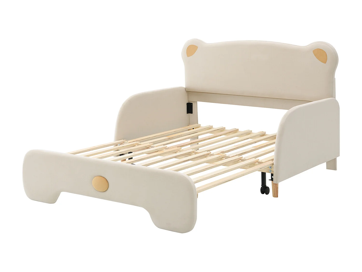 (Mit Matratze) Bär Doppelbett, gepolstert, Kinderbett, Diwan, Ausziehbett, weiche Kanten, Holzlatten, Samt, beige, 140x110/200cm