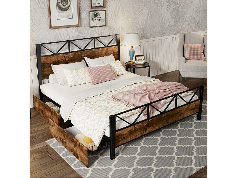 Letto in metallo, colore legno vintage, due cassetti con ruote, per ragazzi e adulti, struttura in metallo, letti piani, metallo + MDF, nero + noce, 140x200cm