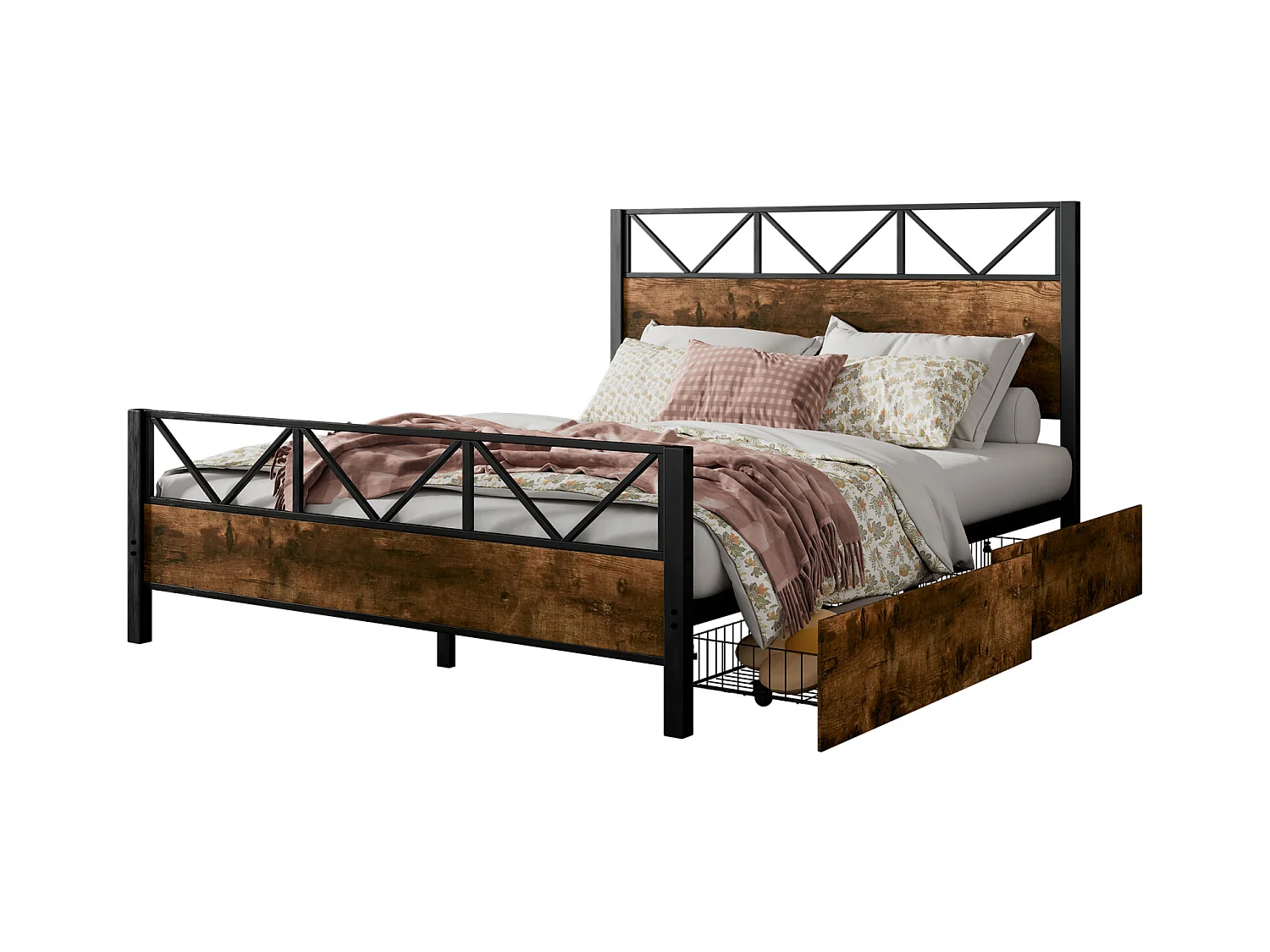 Letto in metallo, colore legno vintage, due cassetti con ruote, per ragazzi e adulti, struttura in metallo, letti piani, metallo + MDF, nero + noce, 140x200cm