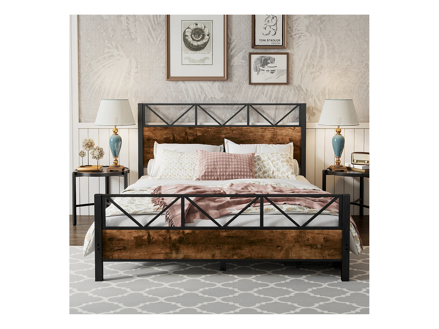 Letto in metallo, colore legno vintage, due cassetti con ruote, per ragazzi e adulti, struttura in metallo, letti piani, metallo + MDF, nero + noce, 140x200cm