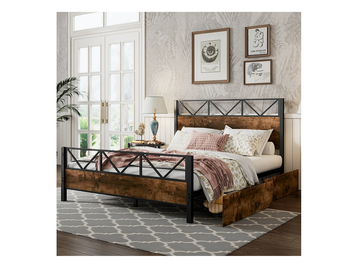 Letto in metallo, colore legno vintage, due cassetti con ruote, per ragazzi e adulti, struttura in metallo, letti piani, metallo + MDF, nero + noce, 140x200cm