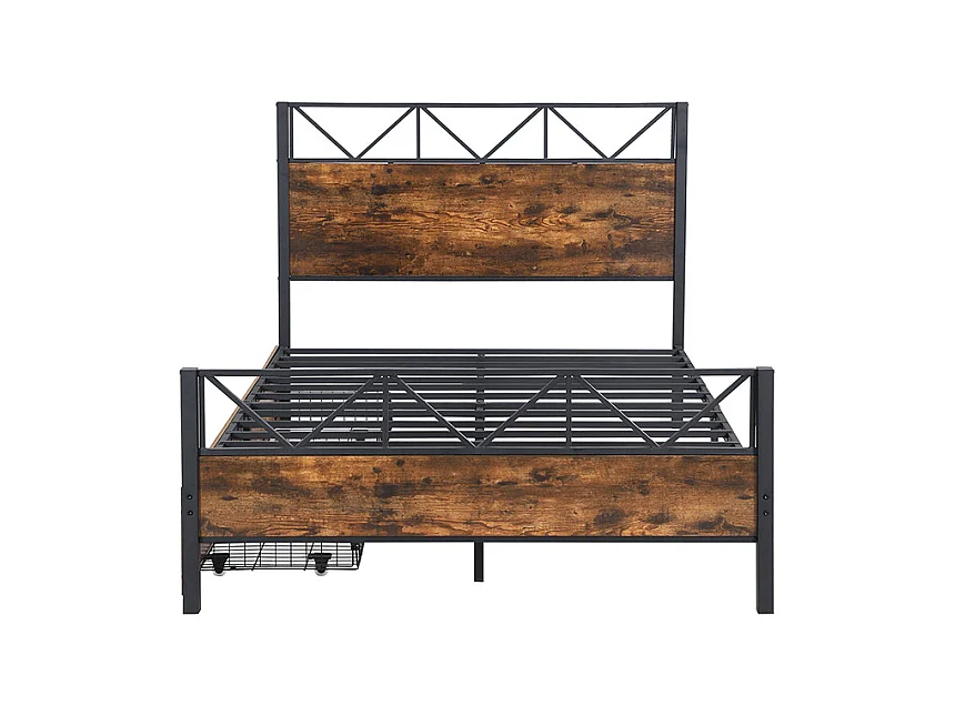 Letto in metallo, colore legno vintage, due cassetti con ruote, per ragazzi e adulti, struttura in metallo, letti piani, metallo + MDF, nero + noce, 140x200cm