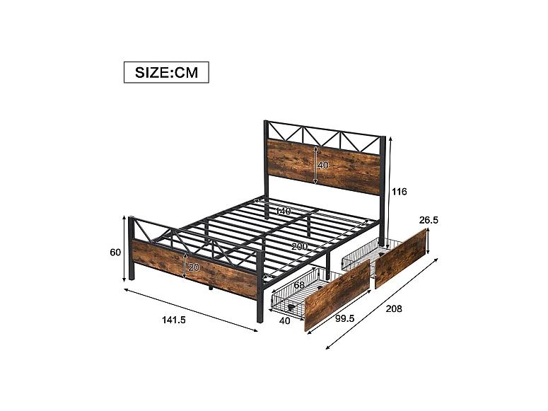 Letto in metallo, colore legno vintage, due cassetti con ruote, per ragazzi e adulti, struttura in metallo, letti piani, metallo + MDF, nero + noce, 140x200cm