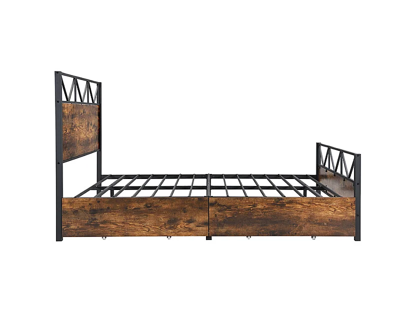 Letto in metallo, colore legno vintage, due cassetti con ruote, per ragazzi e adulti, struttura in metallo, letti piani, metallo + MDF, nero + noce, 140x200cm