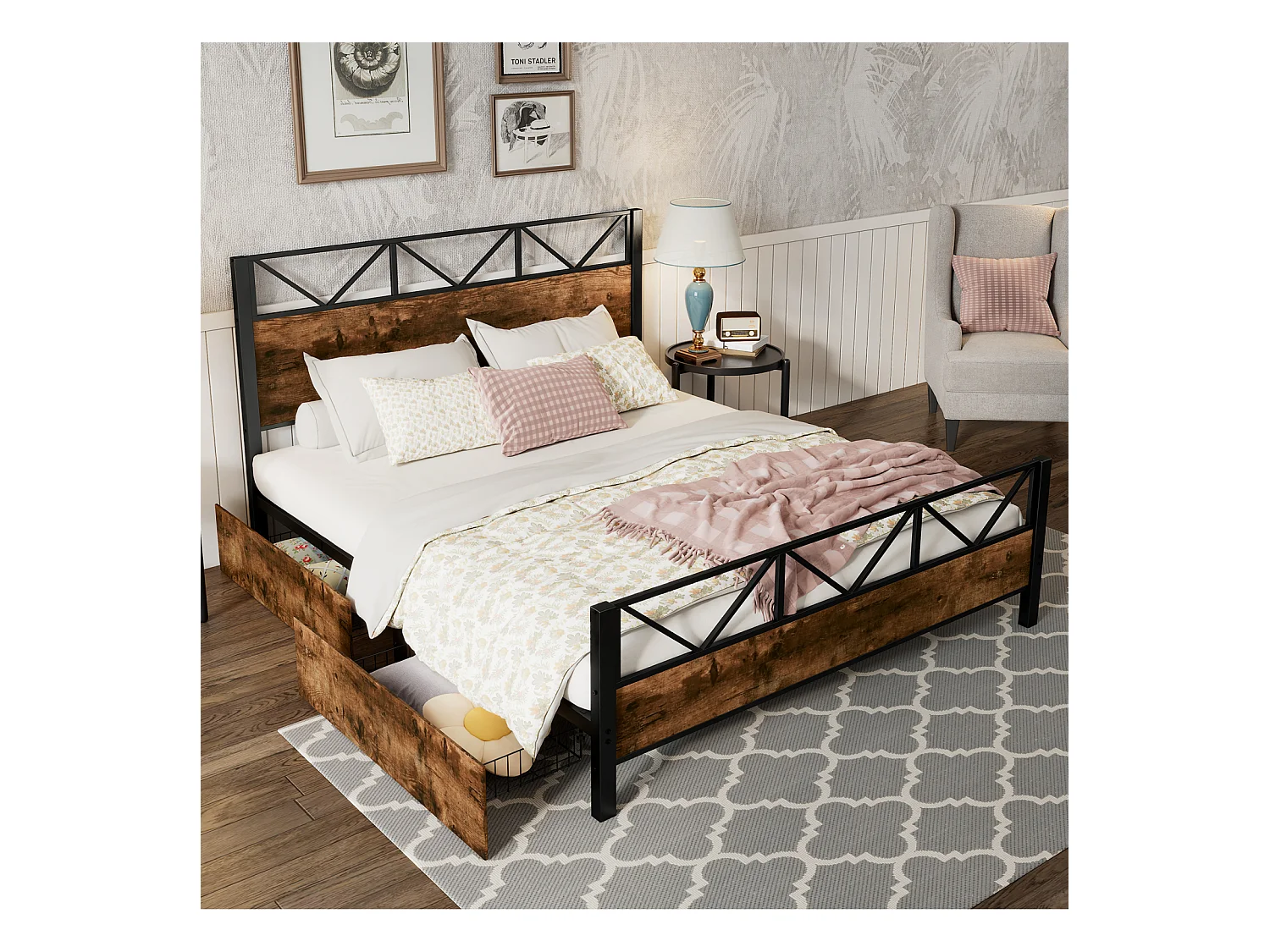 Metalen bed, vintage houtkleur, twee lades met wielen, tieners en volwassenen, metalen frame, vlakke bedden, metaal + MDF, zwart + walnoot, 140x200cm