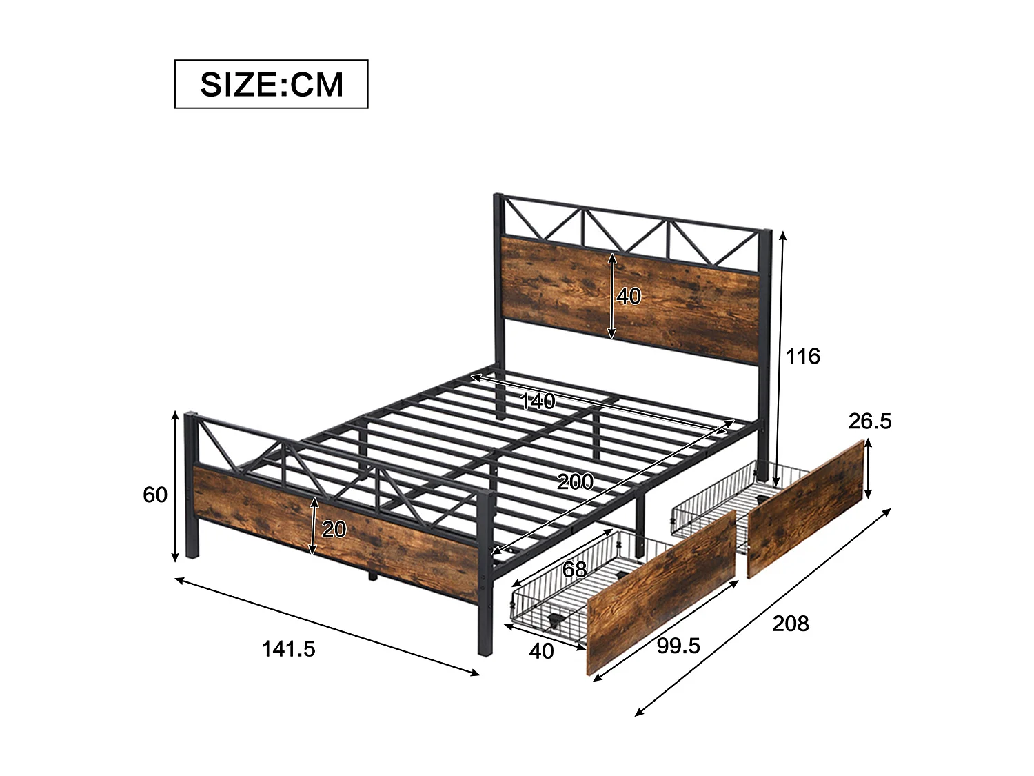 Letto in metallo, colore legno vintage, due cassetti con ruote, per ragazzi e adulti, struttura in metallo, letti piani, metallo + MDF, nero + noce, 140x200cm