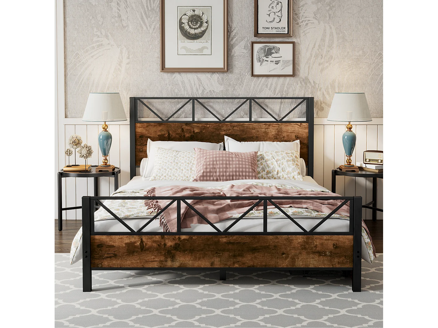Letto in metallo, colore legno vintage, due cassetti con ruote, per ragazzi e adulti, struttura in metallo, letti piani, metallo + MDF, nero + noce, 140x200cm