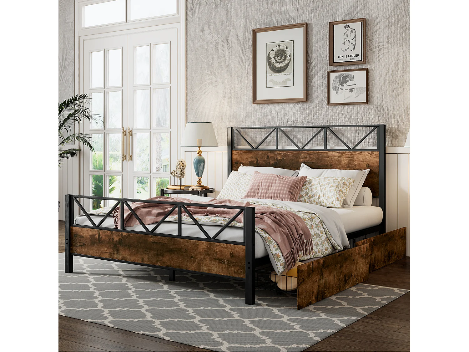 Letto in metallo, colore legno vintage, due cassetti con ruote, per ragazzi e adulti, struttura in metallo, letti piani, metallo + MDF, nero + noce, 140x200cm