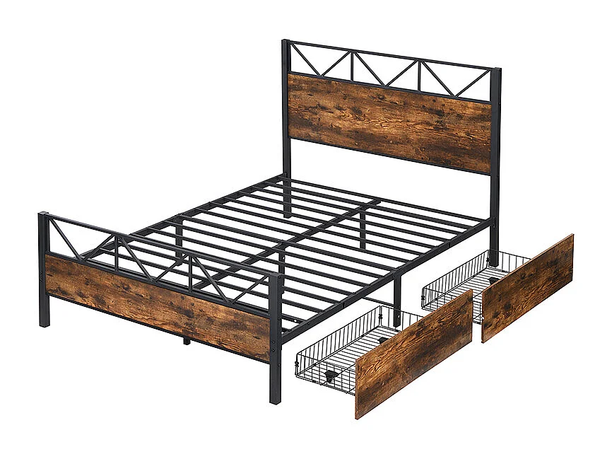 Letto in metallo, colore legno vintage, due cassetti con ruote, per ragazzi e adulti, struttura in metallo, letti piani, metallo + MDF, nero + noce, 140x200cm