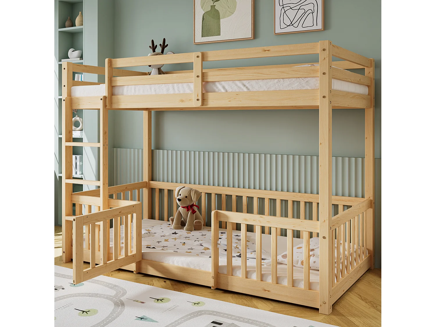 Stapelbed met haakse ladder, bed met hekken en poorten, kinderbed met valbeveiliging en spijlen, massief hout, naturel (200x90cm)