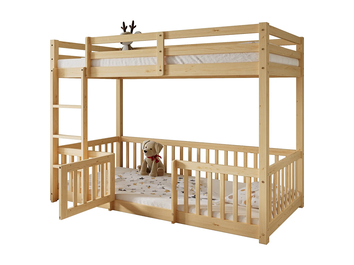 Stapelbed met haakse ladder, bed met hekken en poorten, kinderbed met valbeveiliging en spijlen, massief hout, naturel (200x90cm)