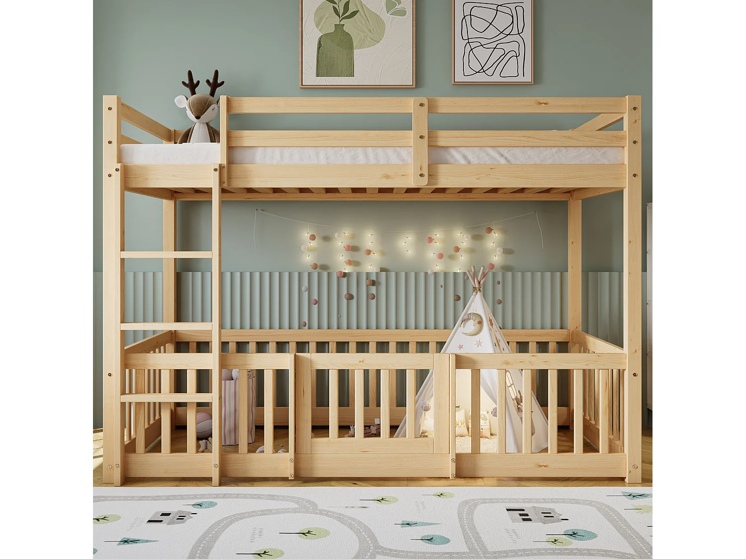 Stapelbed met haakse ladder, bed met hekken en poorten, kinderbed met valbeveiliging en spijlen, massief hout, naturel (200x90cm)