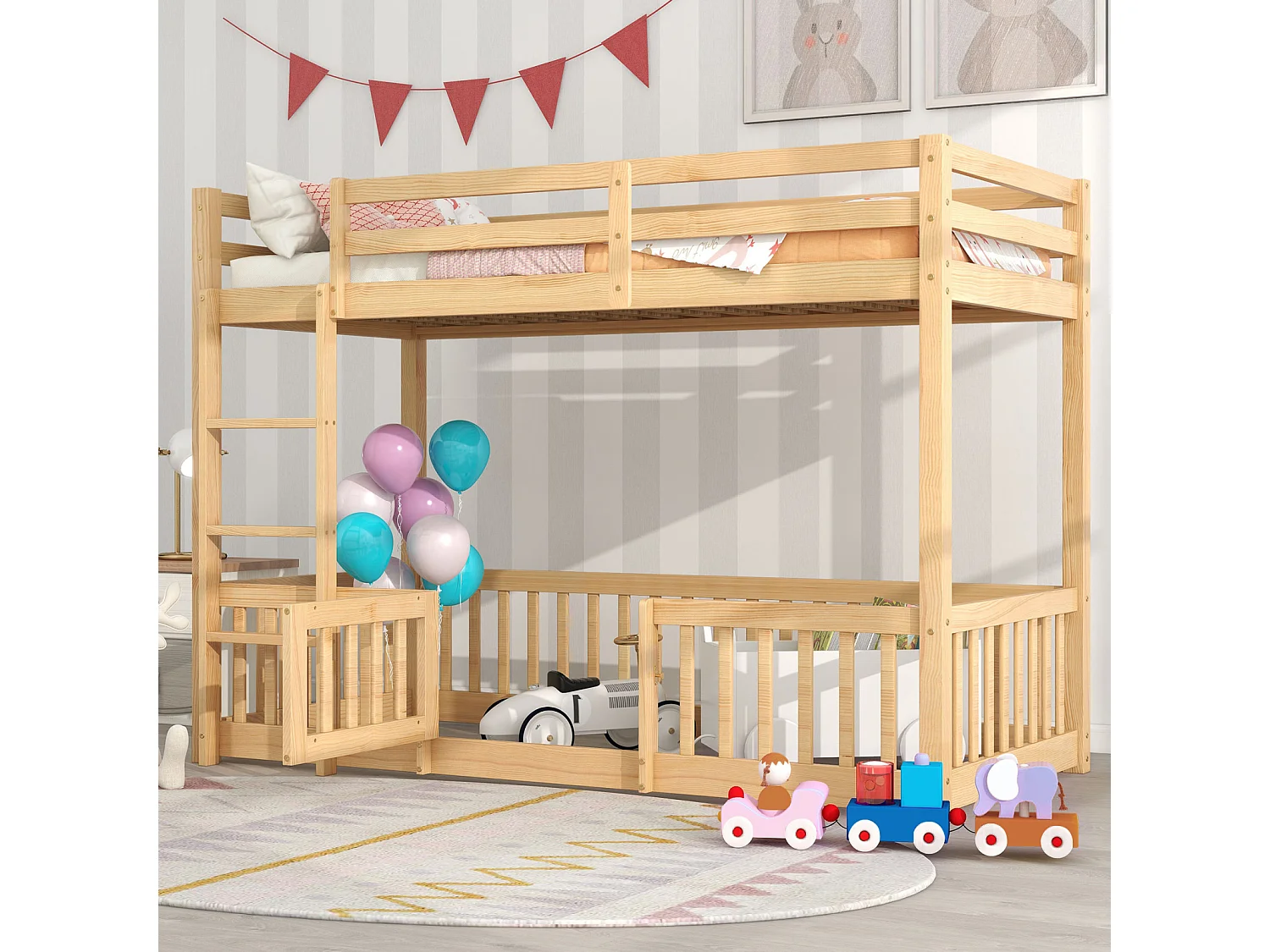 Stapelbed met haakse ladder, bed met hekken en poorten, kinderbed met valbeveiliging en spijlen, massief hout, naturel (200x90cm)