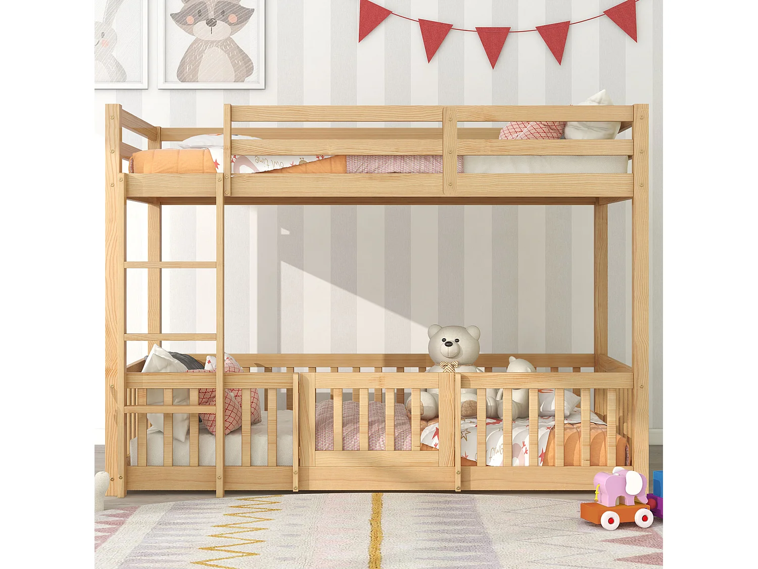 Stapelbed met haakse ladder, bed met hekken en poorten, kinderbed met valbeveiliging en spijlen, massief hout, naturel (200x90cm)